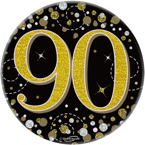 3in Black Gold Sparkling Fizz Badge 90th Birthday