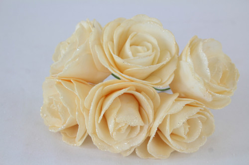 Colourfast Open Foam Roses with Glitter Edge L 8cm Pk6 Cream