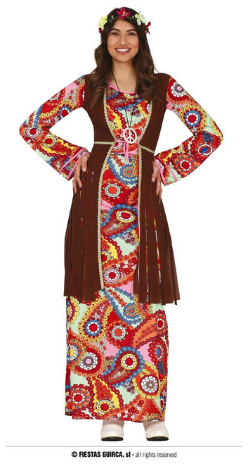 Hippie Lady Maxi Dress with Dark Brown Waistcoat Adult Large Size 42 to 44