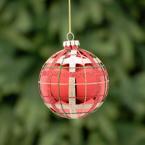 8cm red tartan glass bauble with gold glitter lines