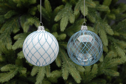 8cm Ice Blue Glitter Criss Cross Glass Bauble in Satin White