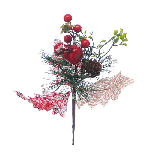 Frosted Spruce with Tartan Leaves and Berries Pick 19cm