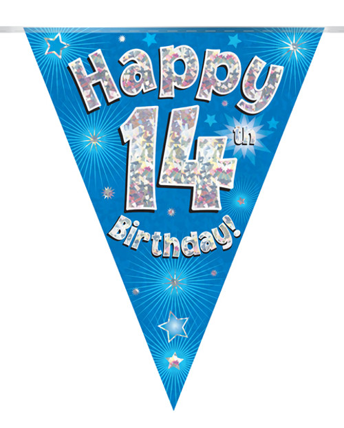Blue Holographic Bunting 11 Flags Age 14
