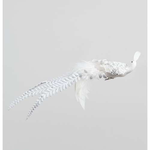 22cm Bead and Feather Bird with Clip White