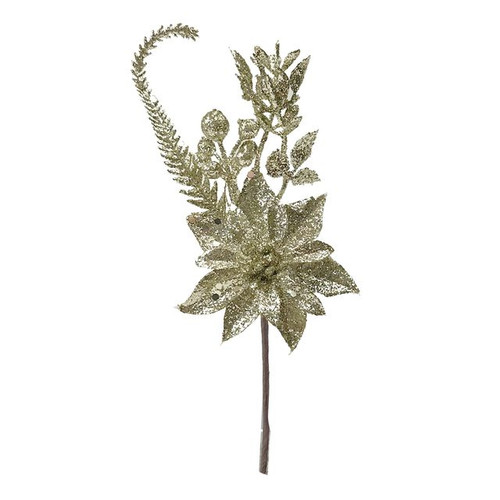 Poinsettia Pick with Folaige 20cm Champagne