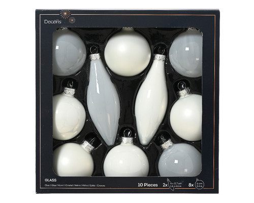 Glass Baubles Winter White Pk10 Asstd Sizes