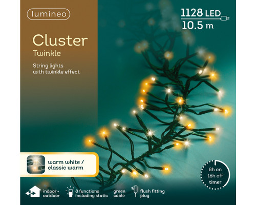 1128 LED Cluster lights twinkle effect indoor or outdoor Warm White and Classic White Green cable