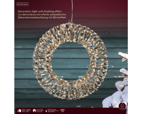 38cm Wreath400 Warm White Micro LED Gold Twist Metal Framed
