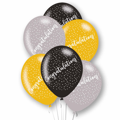 11in Latex Balloons Congratulations Black Gold Silver Pk6