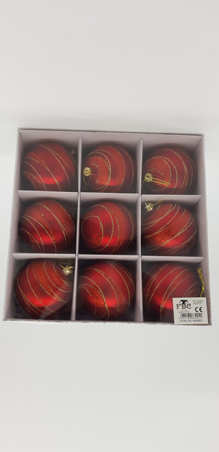 9 x 80mm Decorated Baubles Red