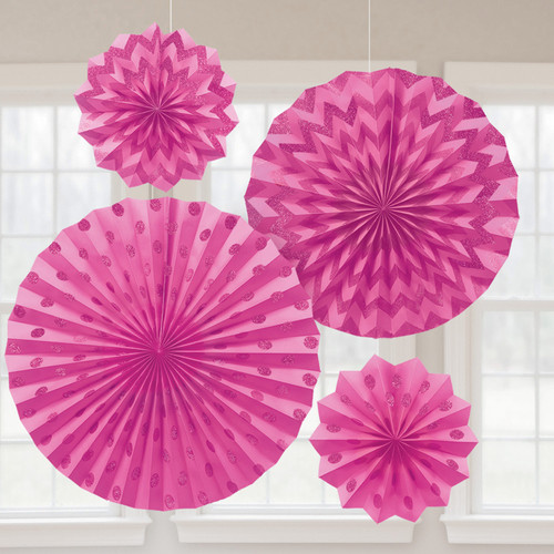 Glitter Fans Paper Bright Pink Pk4