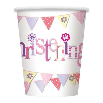 Pink Bunting Christening Cups Pk8 270ml
