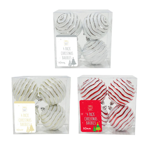 BAUBLE 80mm 4 PACK WHITE WITH SWIRL