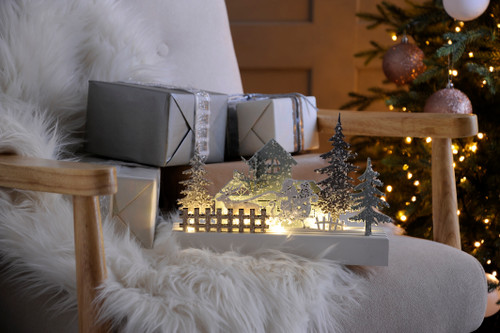 30cm LED lit wooden white house with santa scene Battery Operated