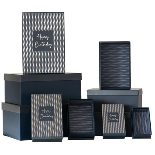 Happy Birthday Gift Box Herringbone Blue Size 9 15.5x10.5x6cm