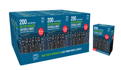 200 LED Timer Icicle Lights Battery Operated Blue and White