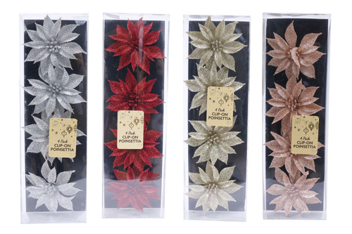 Clip on Poinsettia 4 Pack 9cm With Glitter