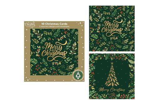 Christmas Cards Green Foliage and Tree Pk10