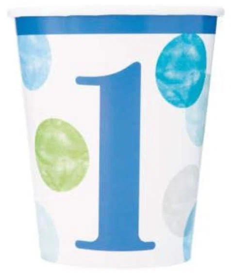 1st Birthday Blue Dots Cups Pk8 270ml