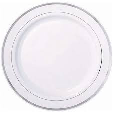 White Premium Plastic Plates with Silver Trim 26cm Pk10
