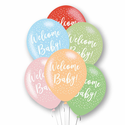 11in Latex Balloons Welcome Baby Multi Mix Pk6