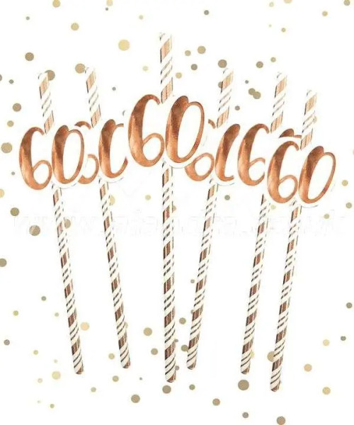 60th Birthday Straws Rose Gold Pk6
