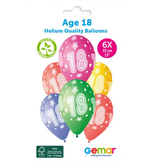 13in Latex Balloons Pk6 Multi Age 18