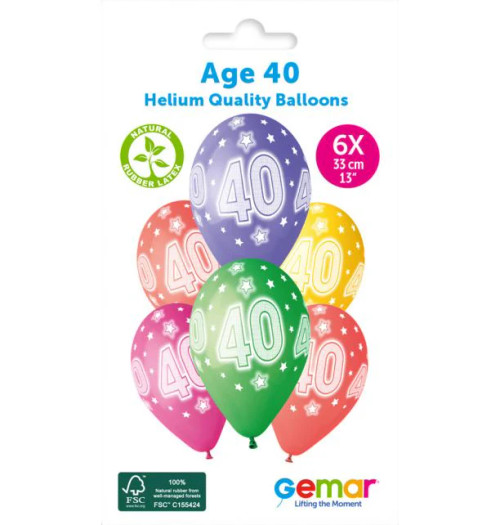 13in Latex Balloons Pk6 Multi Age 40