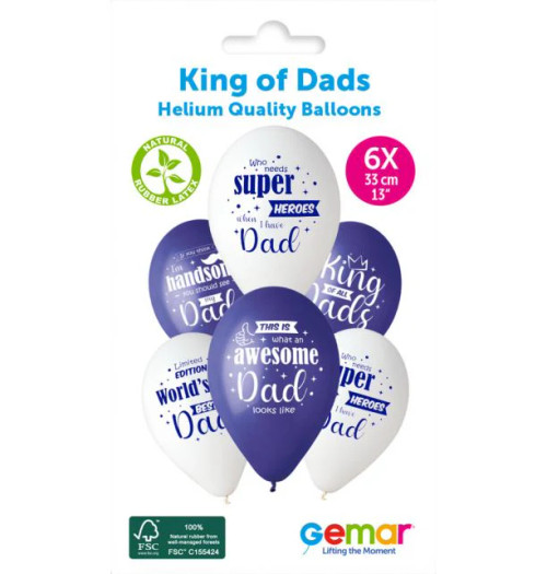 13in Latex Balloons Pk6 King of Dads
