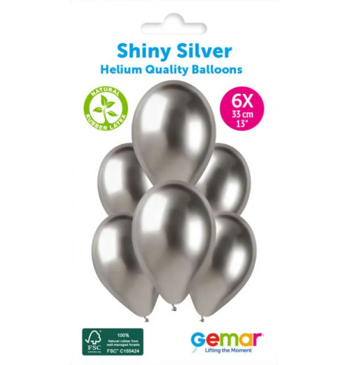 13in Latex Balloons Pk6 Shiny Silver
