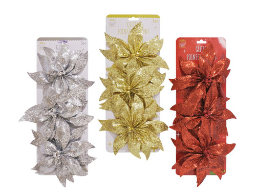 POINSETTIA BOW GLITTER WITH NUTBELLS 3pc