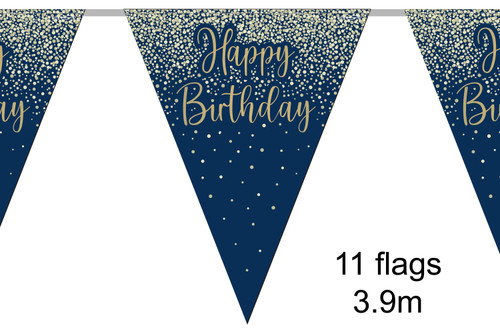 Navy Gold Metallic Glitter Bunting 11 Flags Happy Birthday 3.9m