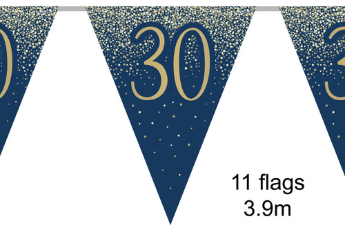 Navy Gold Metallic Glitter Bunting 11 Flags Age 30 3.9m