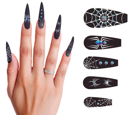 Halloween Long Spider Nails with Glue Pk12