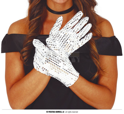 Short White with Silver Sequin Gloves 22cm