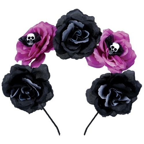 Day of the Dead Headband with Black and Pink Flowers