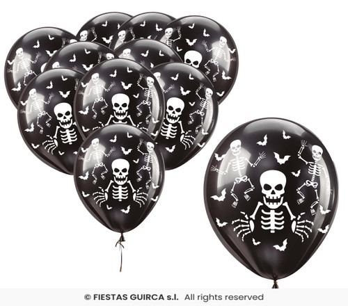 11in Latex Balloons Black Skeletons Pk10