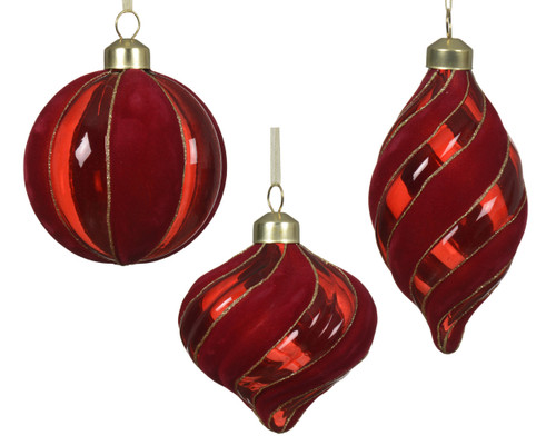 Glass Bauble with Flocking Stripes Red 8cm