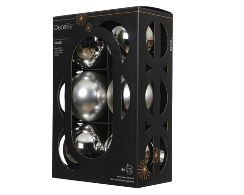 Glass Baubles 6 Shiny Matt Mix Silver 8cm
