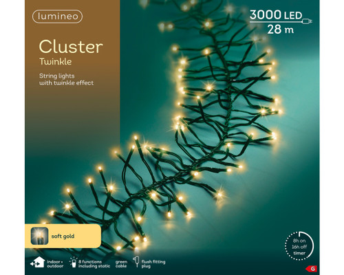 3000 LED Cluster Lights Twinkle Effect Indoor Outdoor Soft Gold with Green Cable