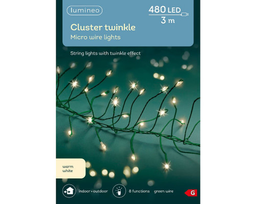 480 Micro LED Cluster Lights Twinkle Effect Indoor Outdoor Warm White with Green Cable
