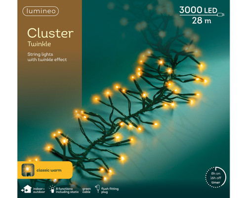 3000 LED Cluster Lights Twinkle Effect Indoor Outdoor Classic Warm with Green Cable