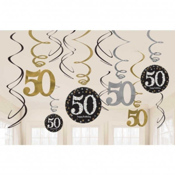 Gold Celebration Age 50 Swirl Decoration Pk12