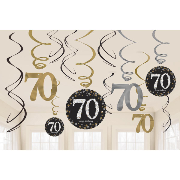 Gold Celebration Age 70 Swirl Decoration Pk12