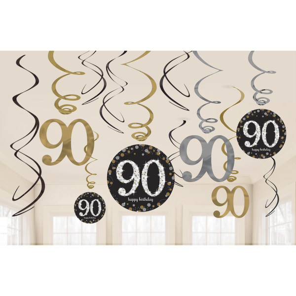 Gold Celebration Age 90 Swirl Decoration Pk12