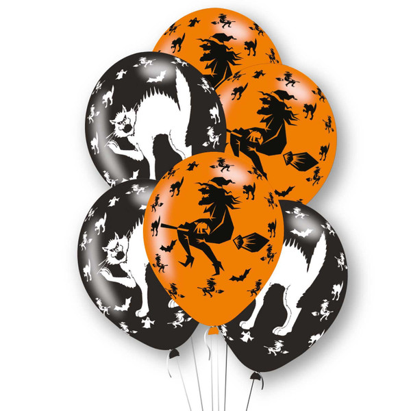 11in Latex Balloons Witches and Cats Pk6