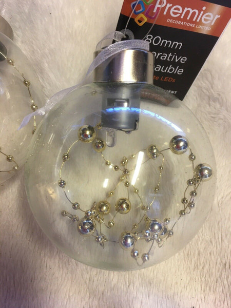 Glass Bauble Silver Beads 80mm Battery Operated LED