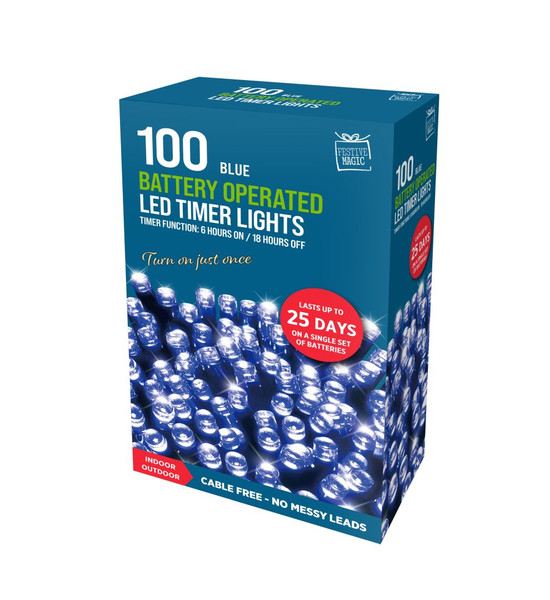 100 Timer Blue LED Lights Battery Operated