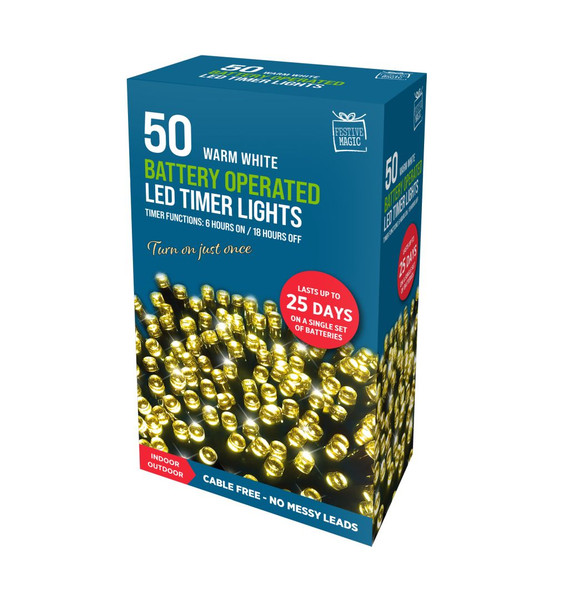 50 Timer Warm White LED Lights Battery Operated