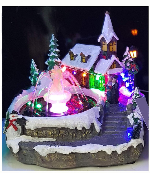 Light Up Resin Church Scene with working Fountain Battery Operated